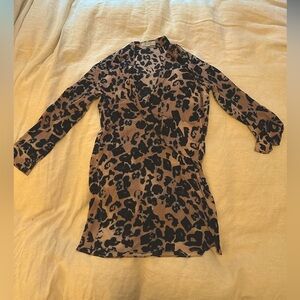 All Saints Pink Leopard Print Silk Longsleeve Dress with plunging neckline